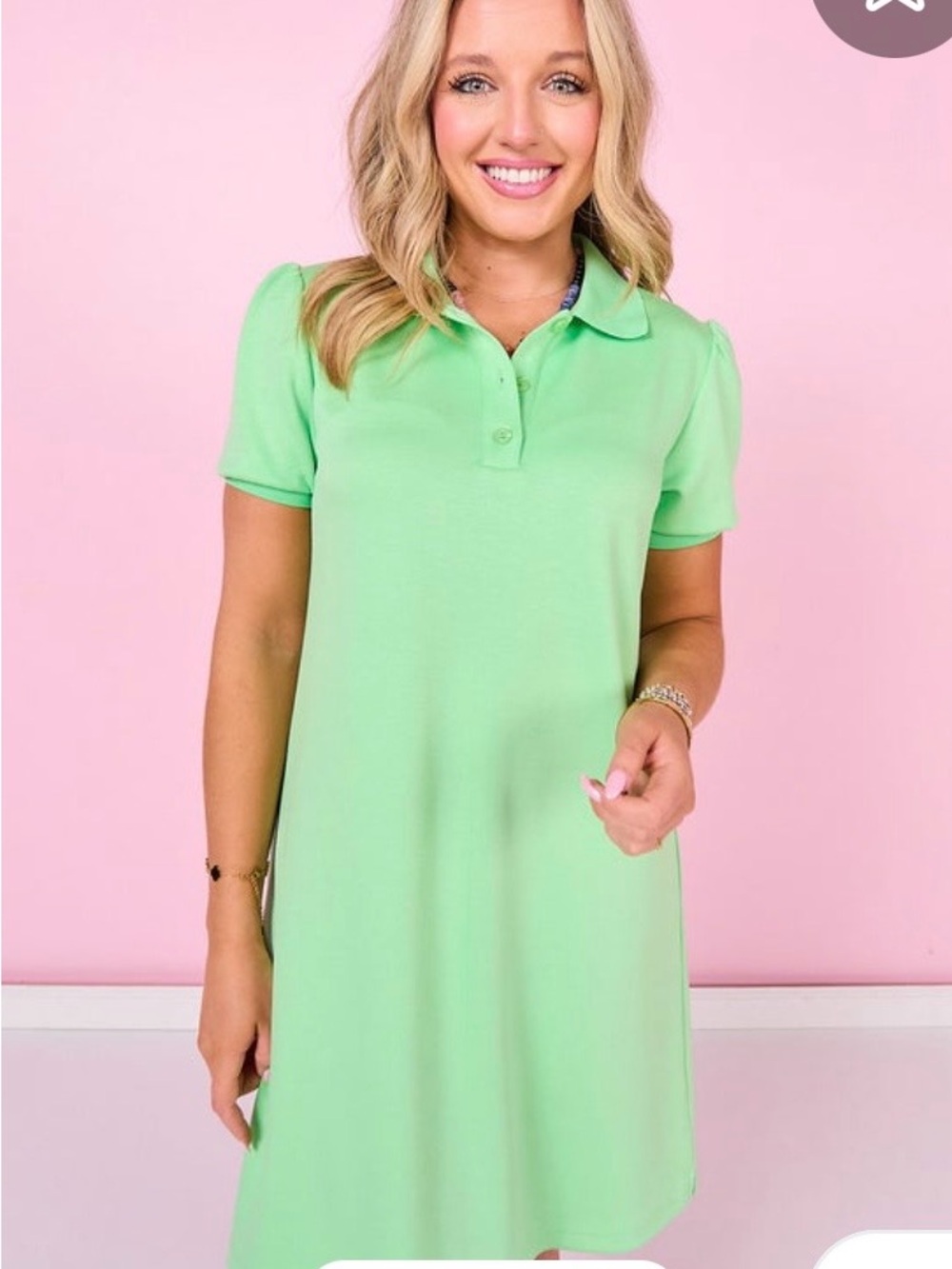Puff Sleeve Polo Shift Air Dress in Mint Green - Picture 3 of 3